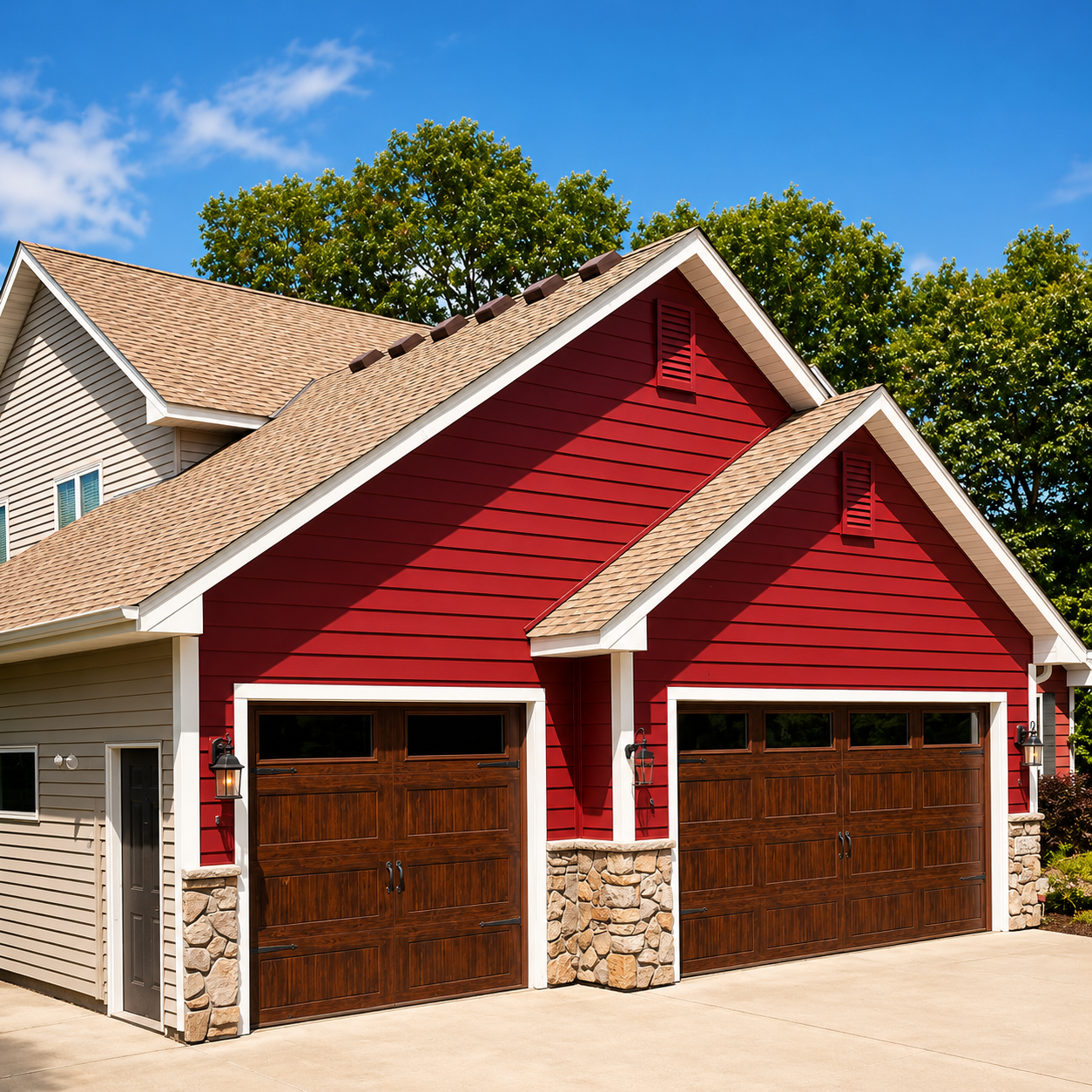 Home exterior with red siding, white trim, and stained garage doors