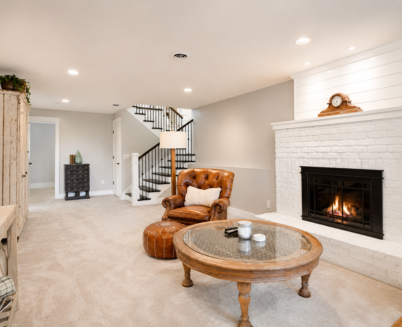 Living room with soft greige walls and a white painted brick fireplace