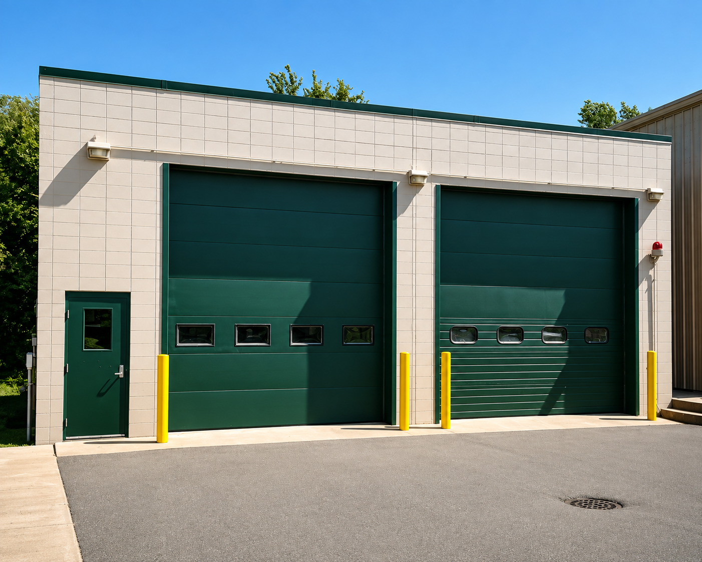 Commercial building with dark green overhead doors and block walls