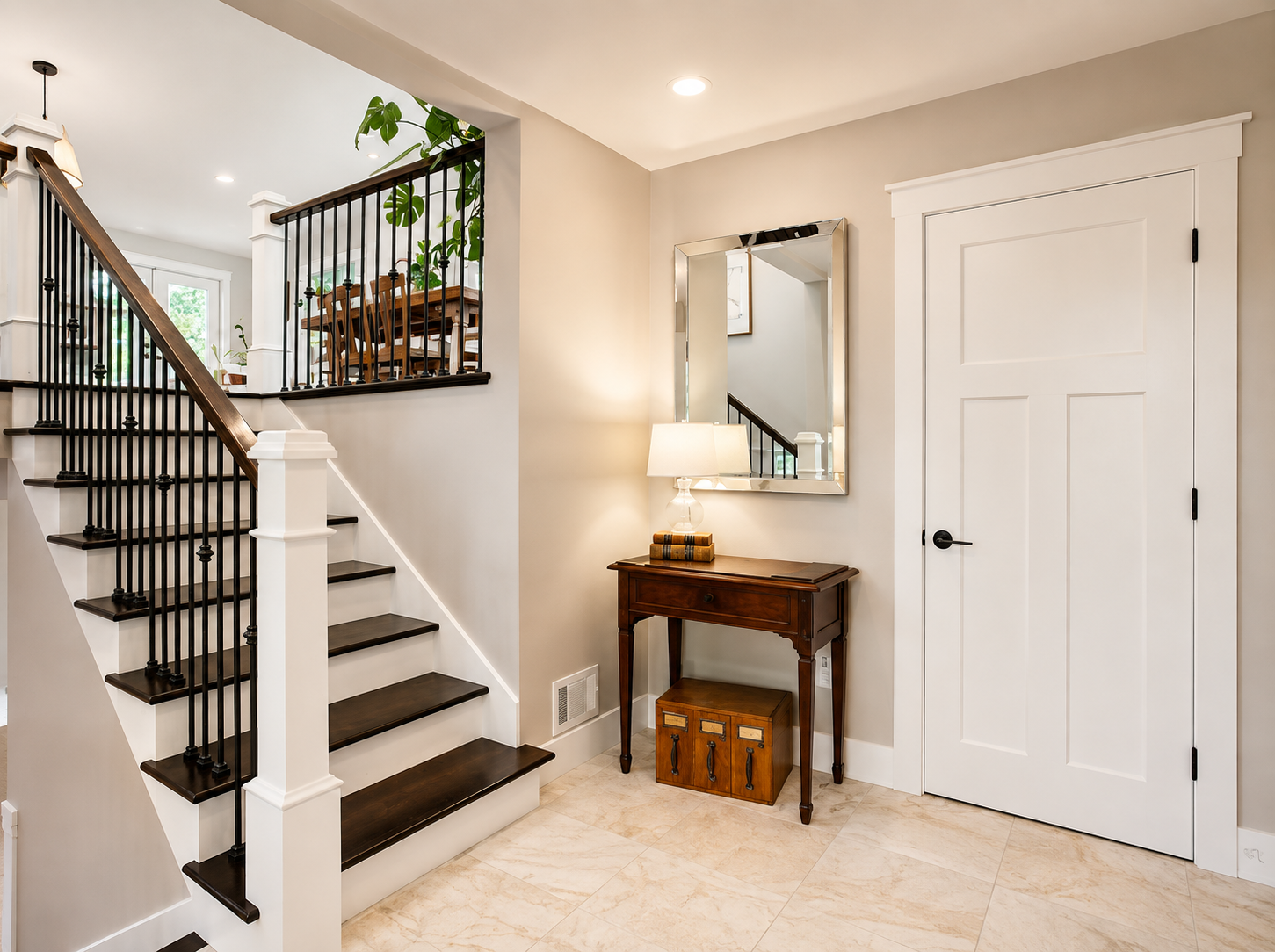 Entryway and stairwell painted in warm neutral tones with white trim