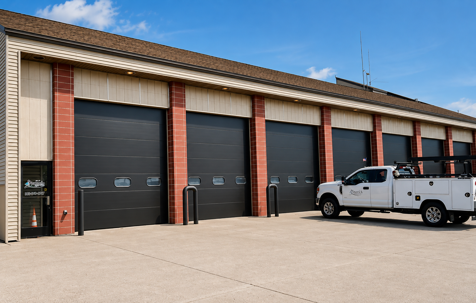 Commercial garage bays with dark overhead doors and tan siding