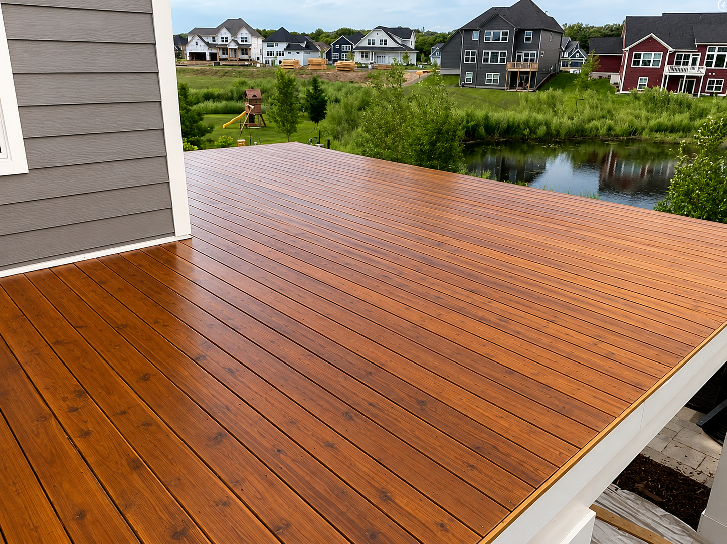 Freshly stained cedar deck overlooking a pond