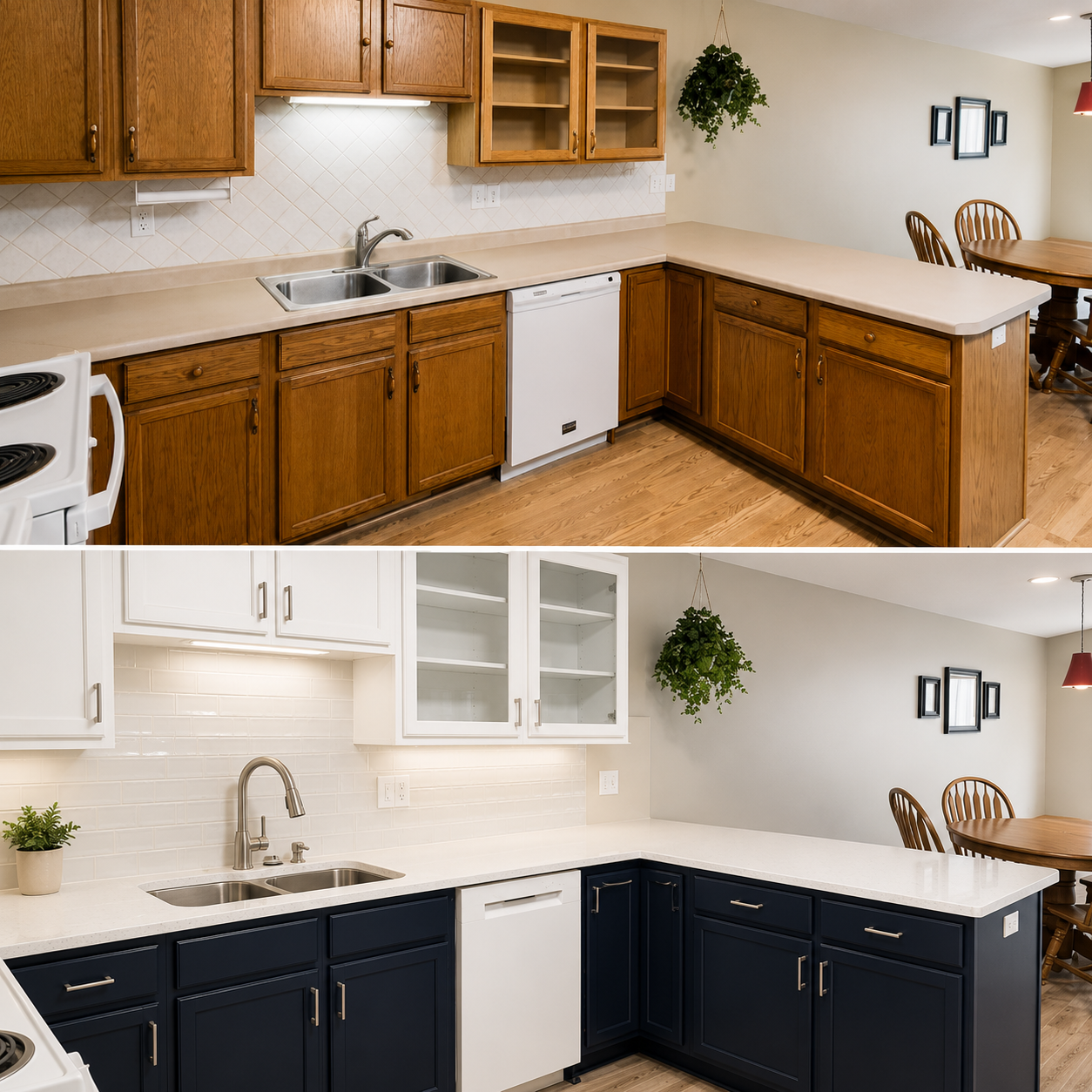 Before and after of oak kitchen cabinets repainted white and navy